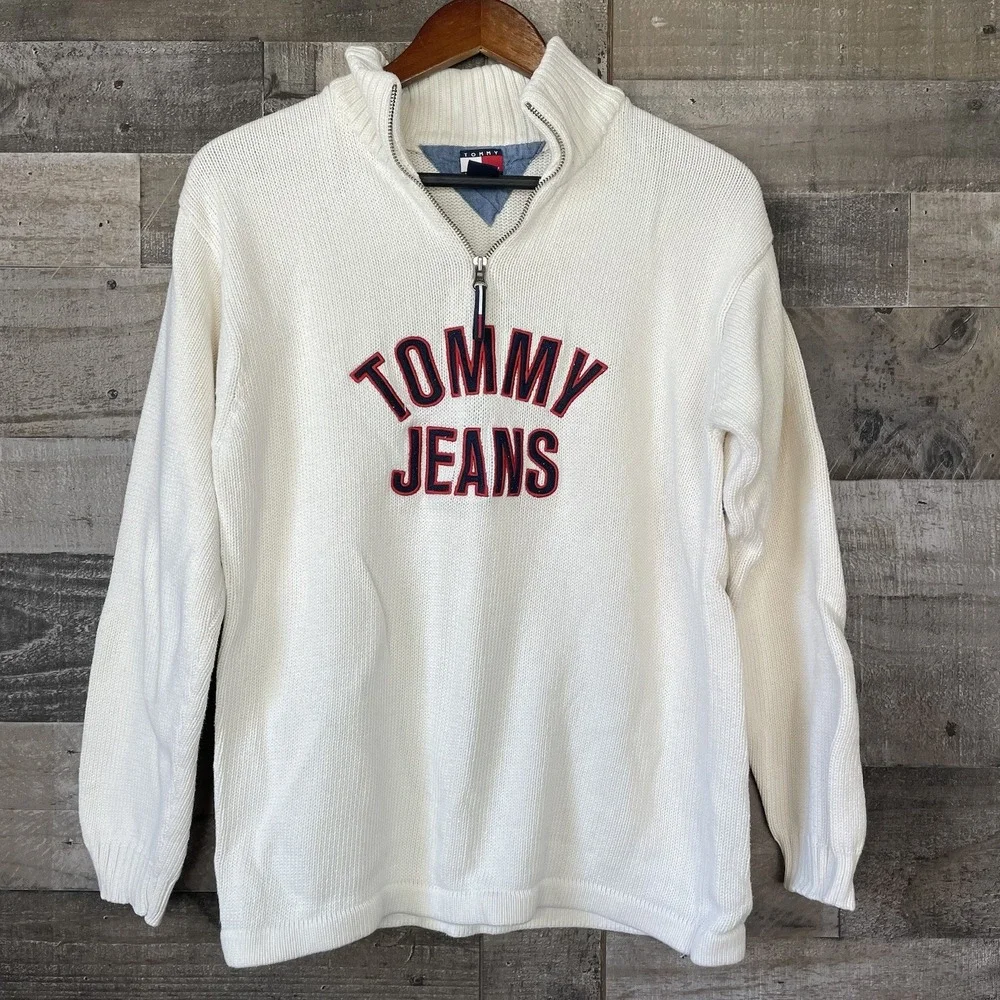 Vintage Tommy Jeans Sweater Mens Large White Hilfiger Zip Knit Pullover Y2K
